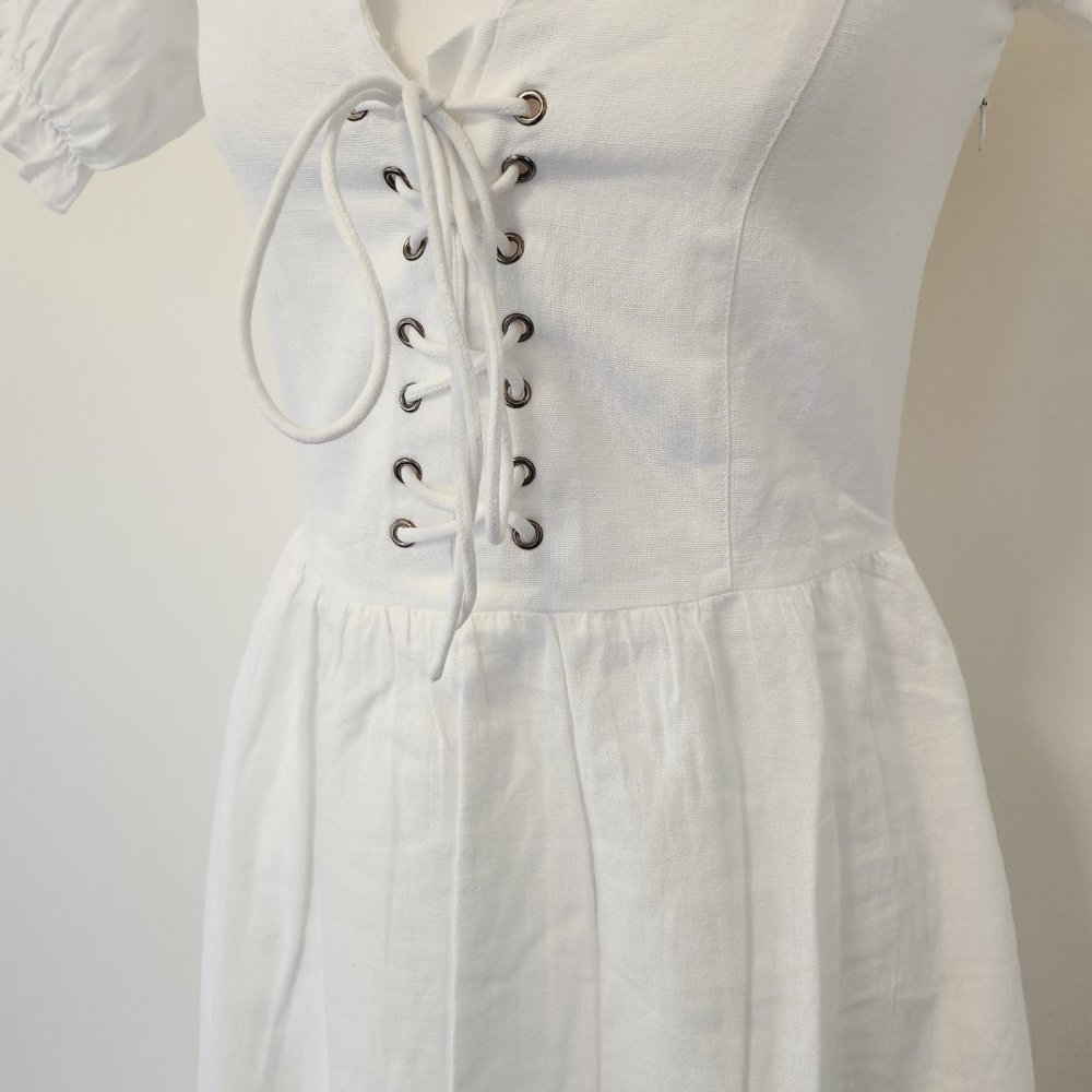 White Puff Sleeve Lace Up Milkmaid Puff Sleeve Sweetheart Skater Dress Cotton - Picture 7 of 15